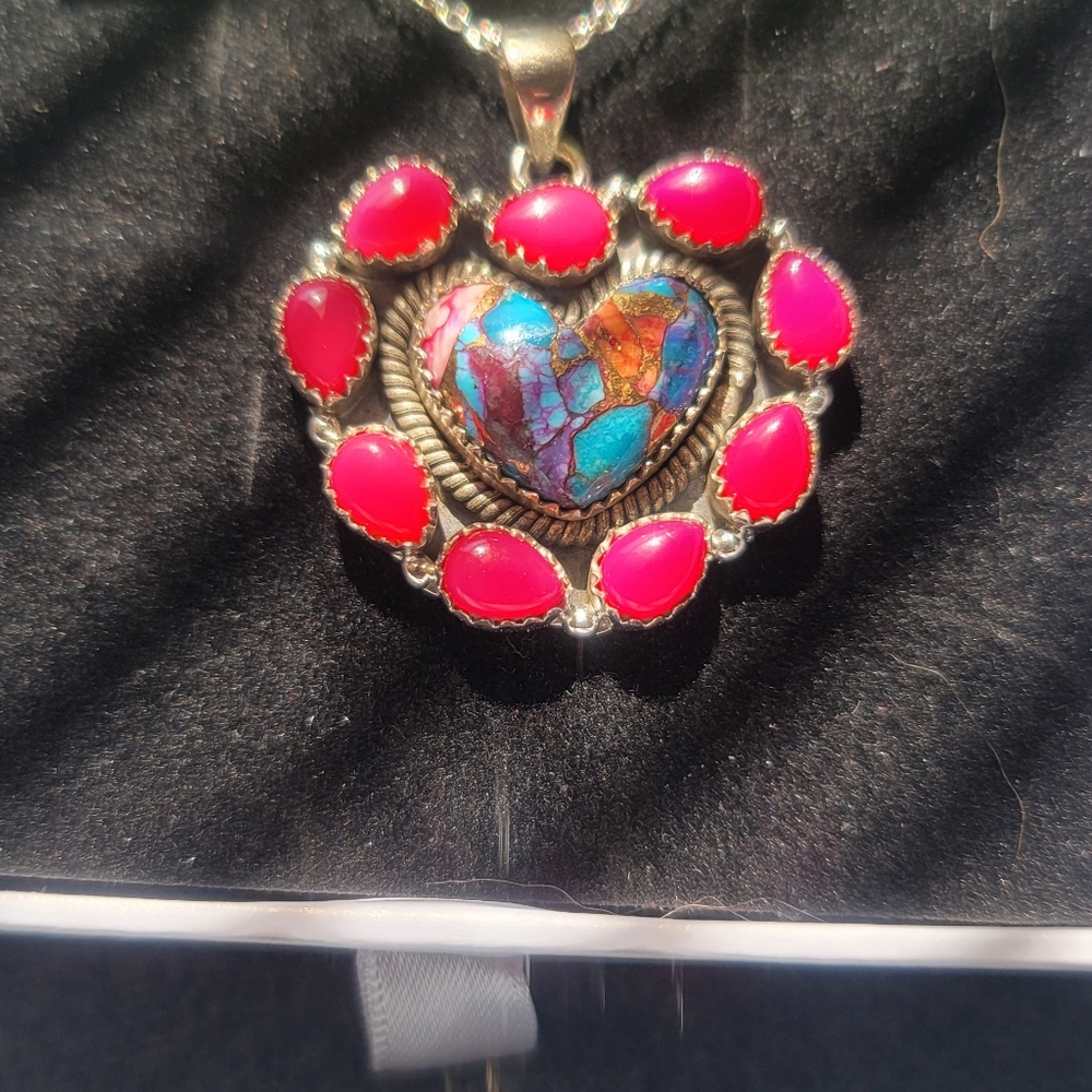Pink opal & Pink oyster turquoise heart necklace.
